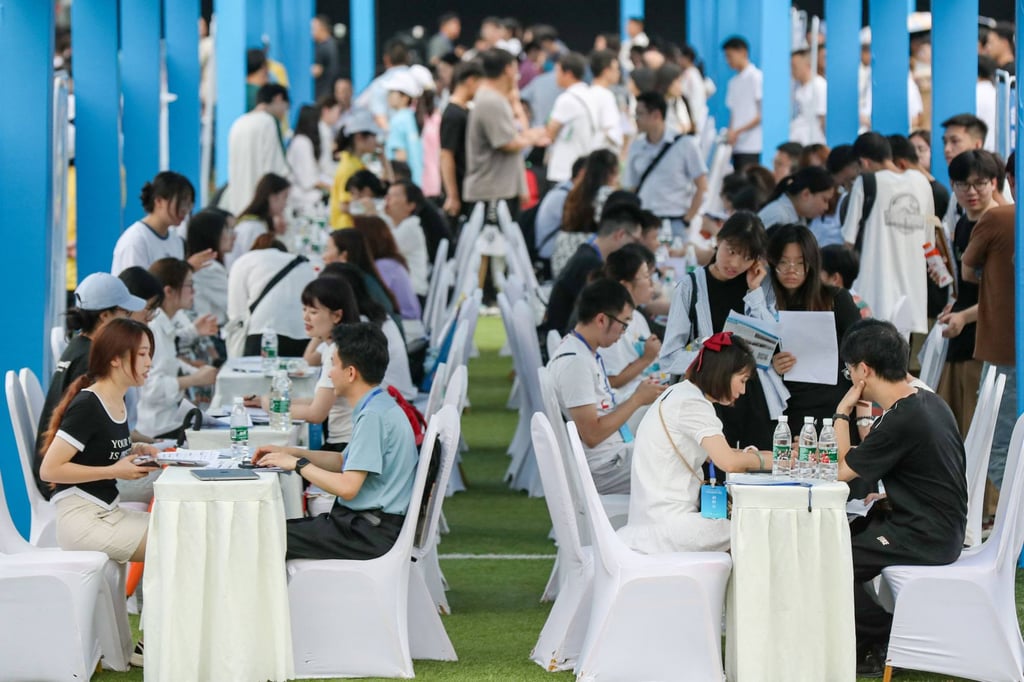 University graduates and other young people attend a job fair in Yibin, China’s southwestern Sichuan province, in June. Photo: CNS/AFP University graduates and other young people attend a job fair in Yibin, China’s southwestern Sichuan province, in June. Photo: CNS/AFP