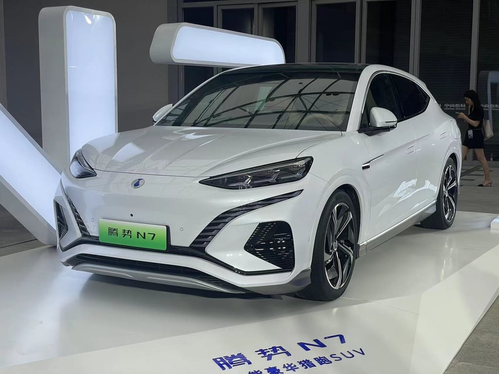 A Denza N7 assembled by BYD’s joint venture with Mercedes-Benz is displayed during the model’s launch in Beijing on Monday. Photo: Handout