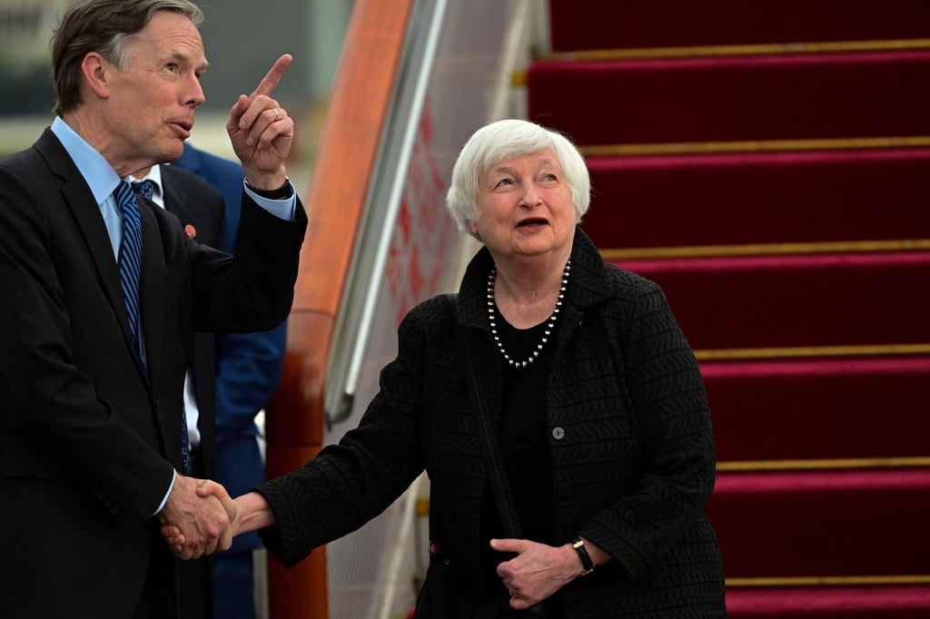 US Treasury Secretary Janet Yellen is met by US ambassador Nicholas Burns after arriving at Beijing Capital International Airport. Photo: AP US Treasury Secretary Janet Yellen is met by US ambassador Nicholas Burns after arriving at Beijing Capital International Airport. Photo: AP