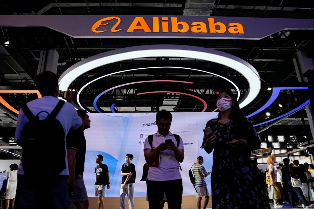 People visit the booth of Alibaba Group Holding at the opening of the World Artificial Intelligence Conference in Shanghai on July 6, 2023. The e-commerce giant is part of a special task force that will draw up a national standard for large language models. Photo: Reuters People visit the booth of Alibaba Group Holding at the opening of the World Artificial Intelligence Conference in Shanghai on July 6, 2023. The e-commerce giant is part of a special task force that will draw up a national standard for large language models. Photo: Reuters