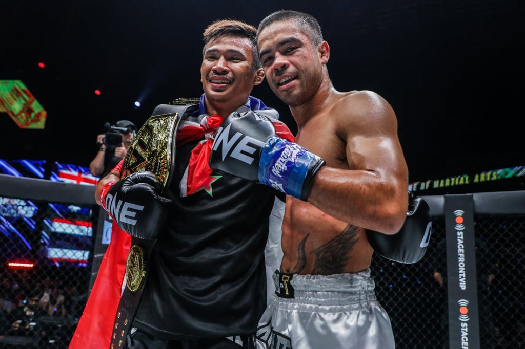Superlek (left) and Danial Williams pose after their main event at ONE Fight Night 8 in Singapore. Superlek (left) and Danial Williams pose after their main event at ONE Fight Night 8 in Singapore.