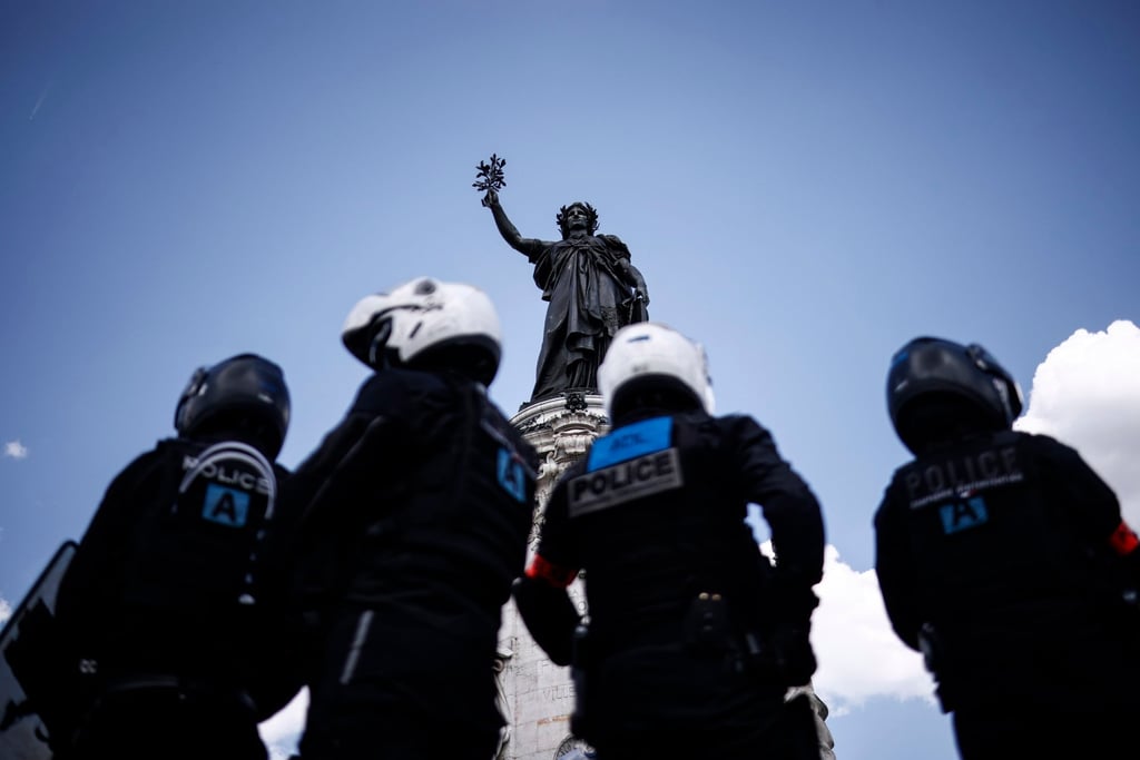Police officers stand by Republique Square during a protest organised by supporters of Adama Traore, in Paris, France on Saturday. Photo: EPA-EFE Police officers stand by Republique Square during a protest organised by supporters of Adama Traore, in Paris, France on Saturday. Photo: EPA-EFE
