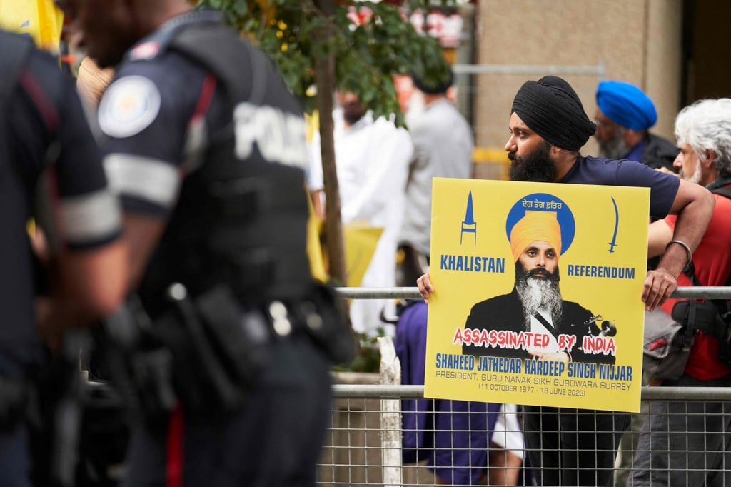 Sikhs protest for the independence of Khalistan in front of the Indian consulate in Toronto, Canada on Saturday. Photo: AFP Sikhs protest for the independence of Khalistan in front of the Indian consulate in Toronto, Canada on Saturday. Photo: AFP