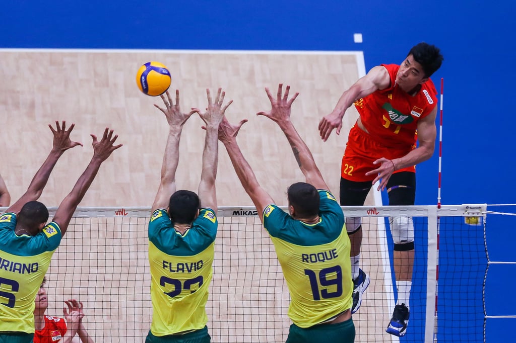 Zhang Jingyin of China= spikes the ball against Brazil at the Volleyball Nations League in Pasay City, the Philippines. Photo: Xinhua Zhang Jingyin of China= spikes the ball against Brazil at the Volleyball Nations League in Pasay City, the Philippines. Photo: Xinhua