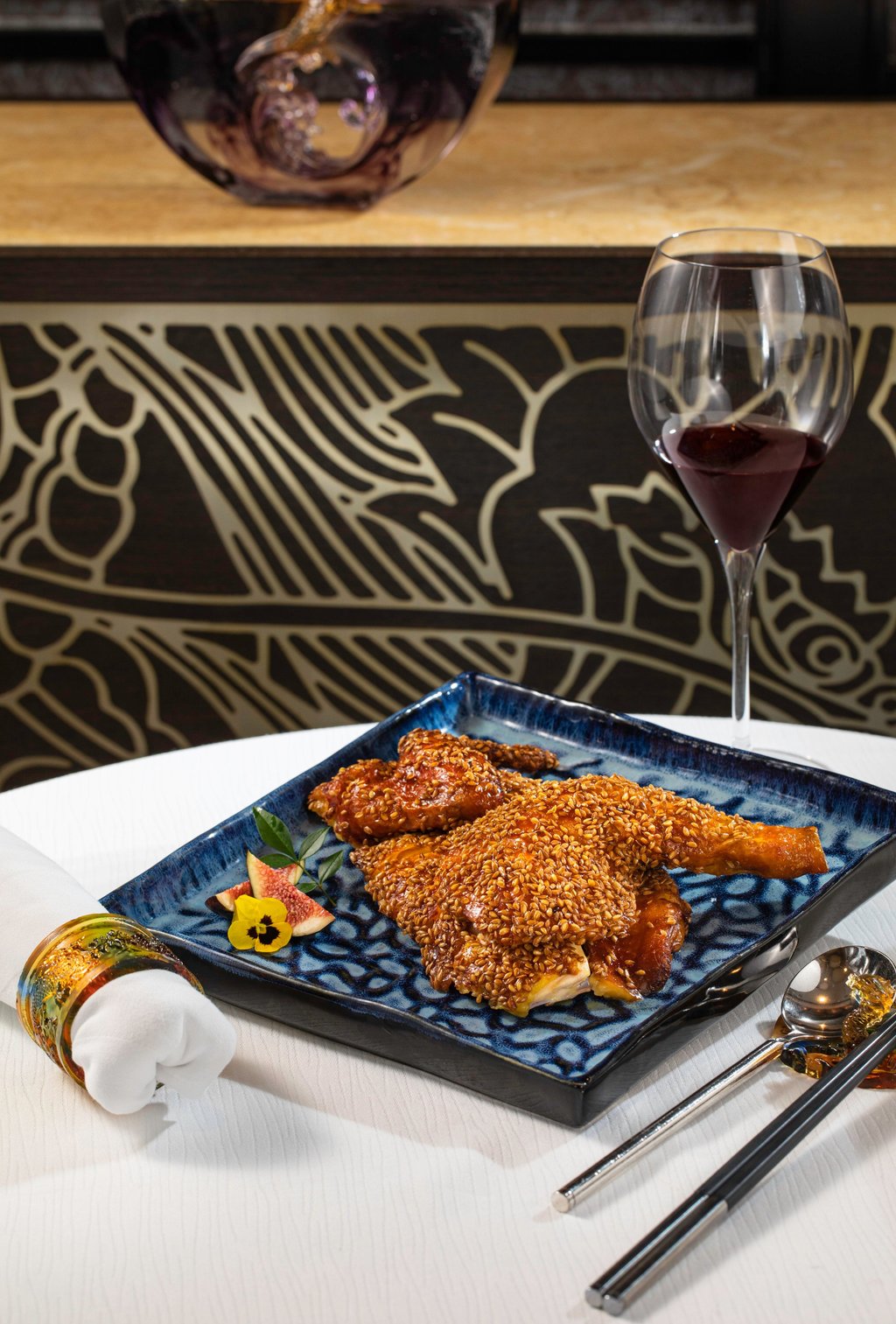 Crispy roasted free-range chicken with organic flaxseeds. Photo: Imperial Court Crispy roasted free-range chicken with organic flaxseeds. Photo: Imperial Court