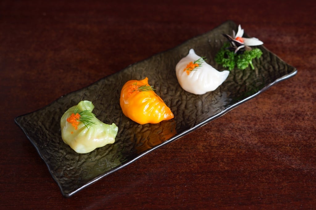 Steamed Tri-color Prawn Dumplings. Photo: Kwun Hoi Heen Steamed Tri-color Prawn Dumplings. Photo: Kwun Hoi Heen