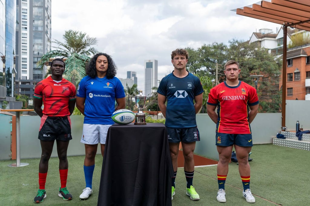 The Pool B captains (from left to right) Mike Wamalwa (Kenya), John Samuelu (Samoa), Tyler McNutt (Hong Kong) and Álvaro García (Spain) ahead of the World Rugby U20 Trophy in Nairobi. Photo: World Rugby The Pool B captains (from left to right) Mike Wamalwa (Kenya), John Samuelu (Samoa), Tyler McNutt (Hong Kong) and Álvaro García (Spain) ahead of the World Rugby U20 Trophy in Nairobi. Photo: World Rugby
