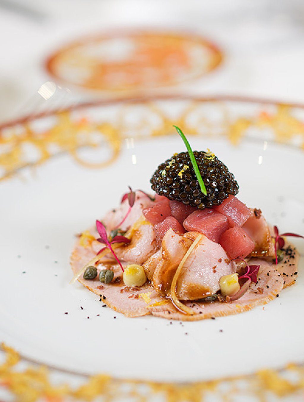 Vitello tonnato - Piemontese veal, Mediterranean tuna tartar, Kristal caviar and capers from Punta Campanella. Photo: Don Alfonso 1890