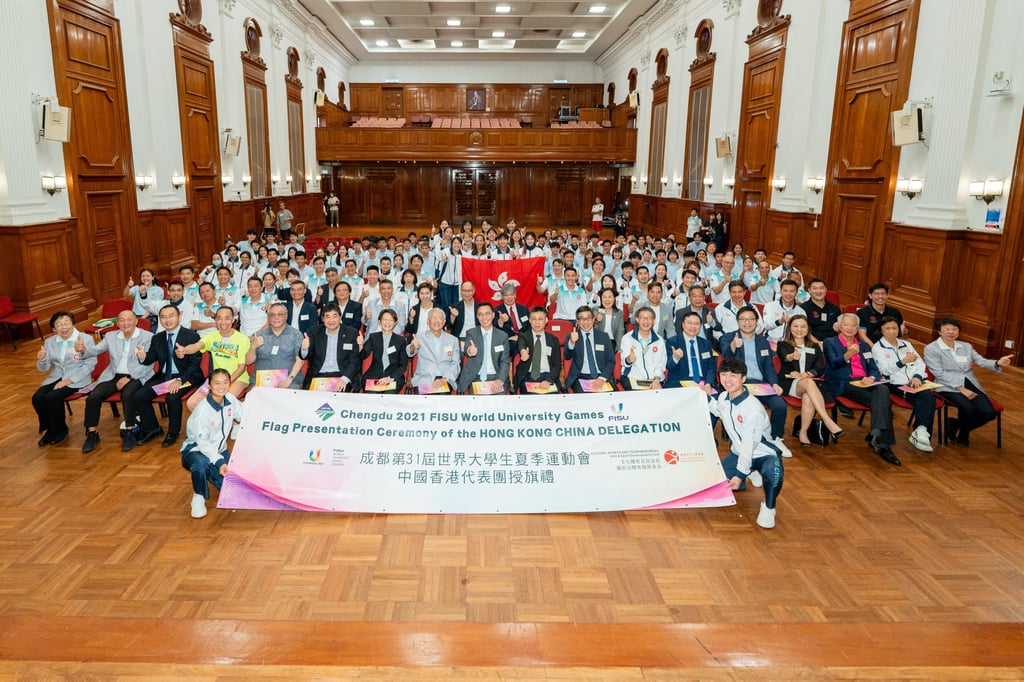 Cody Wong (left) and Lawrence Ng (right) in the front row at the flag presentation at The University of Hong Kong. Photo: Handout Cody Wong (left) and Lawrence Ng (right) in the front row at the flag presentation at The University of Hong Kong. Photo: Handout