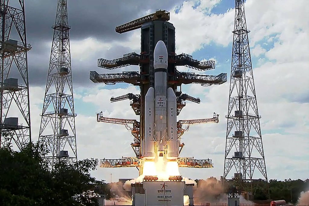 This screen grab made from video footage from ISRO via AFPTV shows an Indian Space Research Organisation (ISRO) rocket carrying the Chandrayaan-3 spacecraft lifting off. Photo: AFP