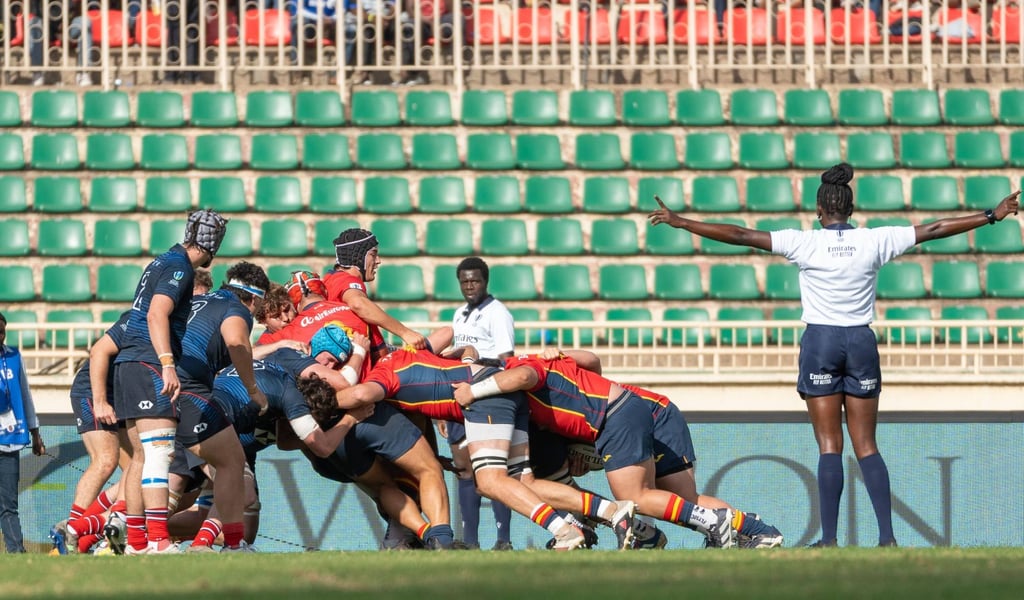 Spain’s forwards march Hong Kong backwards during their clash in the World Rugby U20 Trophy. Photo: World Rugby