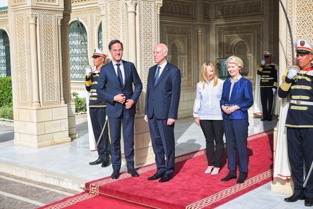 From left, Tunisian President Kais Saied, Dutch Prime Minister Mark Rutte, Italian Prime Minister Giorgia Meloni and President of the European Commission Ursula von der Leyen at the presidential palace in Carthage, Tunisia on Sunday. Photo: Dati Bendo / European Commission / dpa From left, Tunisian President Kais Saied, Dutch Prime Minister Mark Rutte, Italian Prime Minister Giorgia Meloni and President of the European Commission Ursula von der Leyen at the presidential palace in Carthage, Tunisia on Sunday. Photo: Dati Bendo / European Commission / dpa