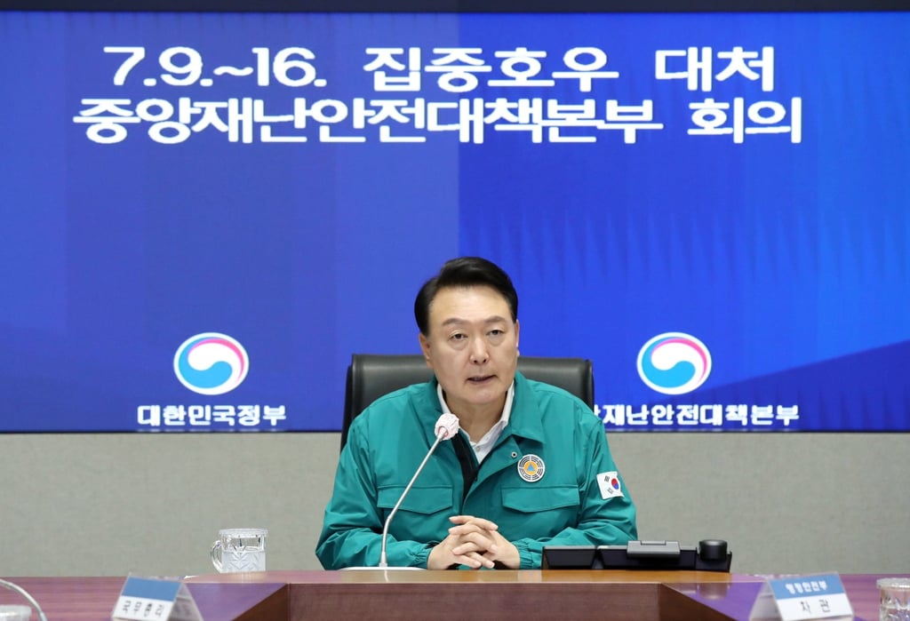 South Korean President Yoon Suk-yeol speaks during a disaster response meeting. Photo: Yonhap/Pool South Korean President Yoon Suk-yeol speaks during a disaster response meeting. Photo: Yonhap/Pool