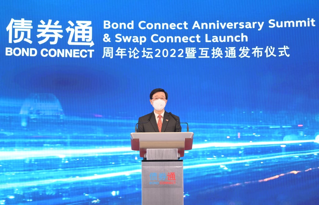 Chief Executive John Lee Ka-chiu speaks at the launch of the Swap Connect on July 4 last year. Photo: Handout