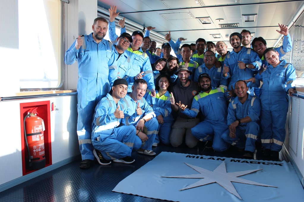 Pedersen (centre) aboard the MV Milan Maersk as he and the container ship’s crew make their way to Aarhus on the east coast of Denmark. Photo: Torbjørn Pedersen