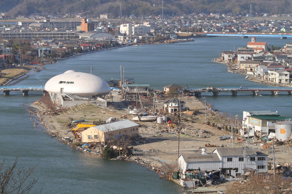 The area around the dome-shaped Ishinomori Manga Museum, in Ishinomaki, Miyagi prefecture, in the wake of the 2011 tsunami. Photo: Chris Johnson