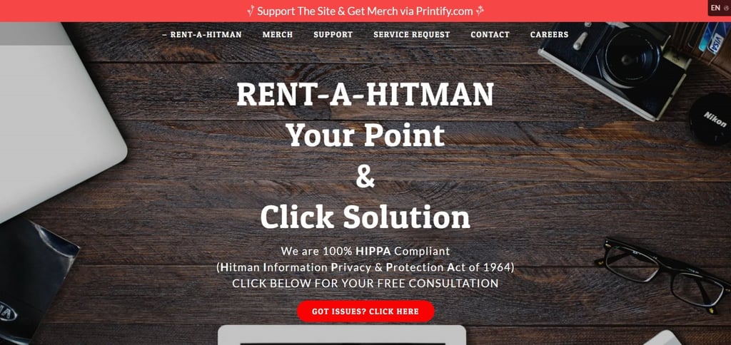Parody website rentahitman.com receives hundreds of requests every day, according to owner Robert Innes. Image: rentahitman.com