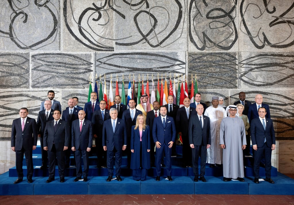 Delegates pose for a photo during an international conference on migration in Rome, Italy on Sunday. Photo: Palazzo Chigi / Handout via Reuters Delegates pose for a photo during an international conference on migration in Rome, Italy on Sunday. Photo: Palazzo Chigi / Handout via Reuters