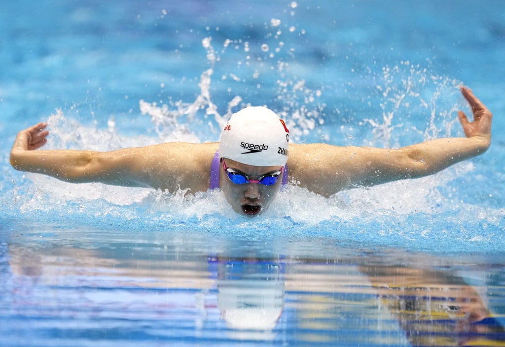 Zhang Yufei of China swims in the women’s 100m butterfly final in Fukuoka on Monday. Photo: EPA-EFE