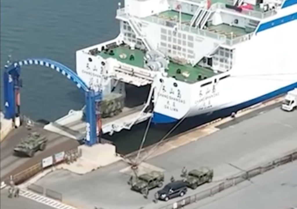 The Chang Shan Dao ferry transports equipment and personnel during a military exercise. Photo: CCTV
