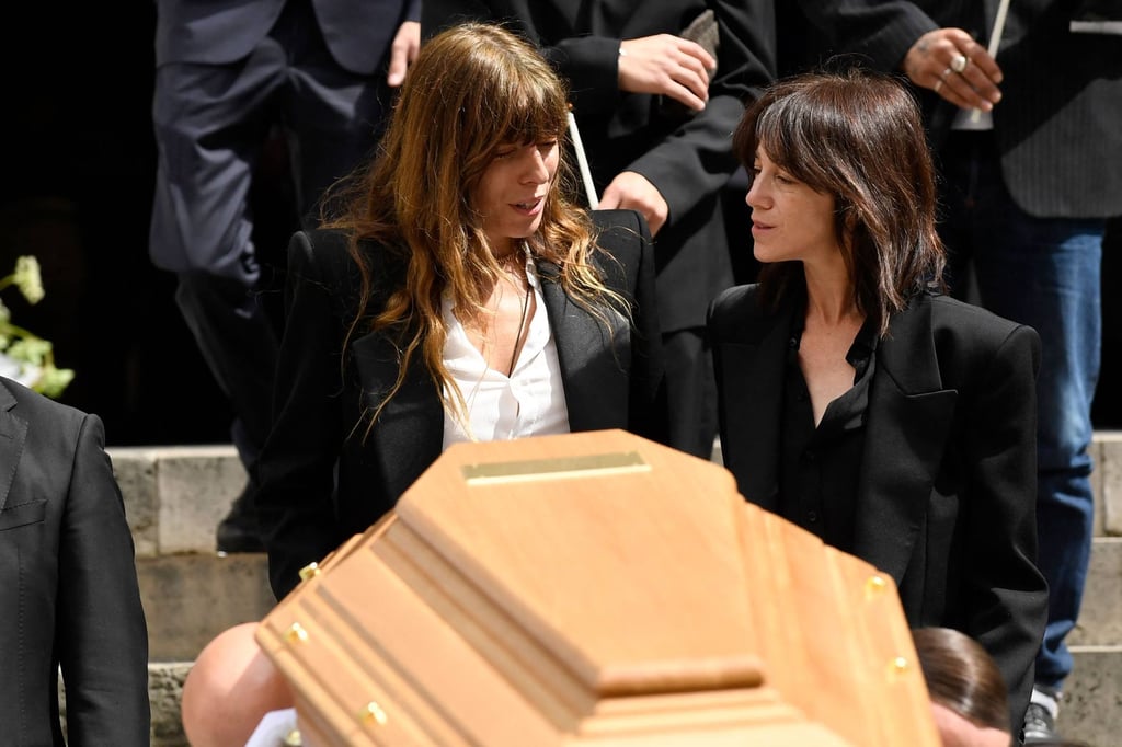 Jane Birkin’s daughters French-British actress Lou Doillon (left) and Charlotte Gainsbourg (right) at their mum Jane Birkin’s funeral ceremony in the Saint-Roch church in Paris, France, on July 24. Photo: AFP