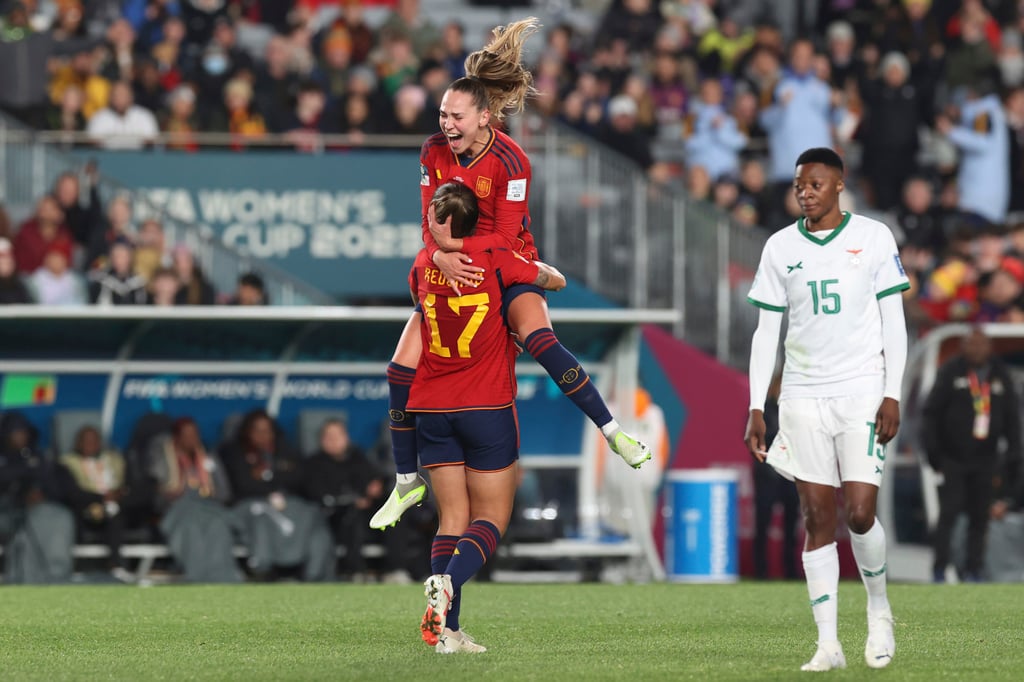 Spain’s Alba Redondo (left) and Irene Guerrero celebrate after Redondo scored their fifth goal. Photo: AP