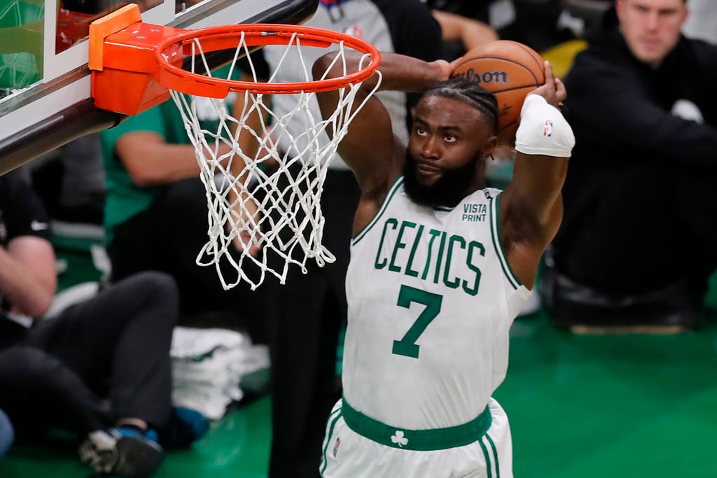 Boston Celtics’ Jaylen Brown dunks against the Golden State Warriors in the 2022 NBA Finals. Photo: AP