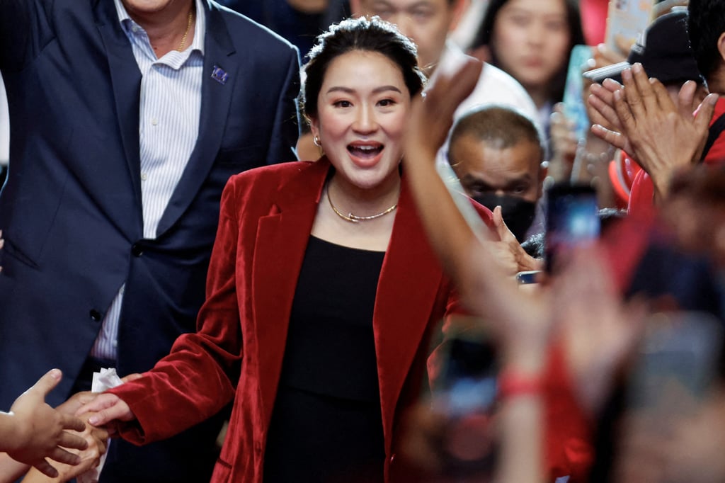 Paetongtarn Shinawatra pictured at a political rally in May. She shared the news about her father’s return from exile on Wednesday, Thaksin’s birthday. Photo: Reuters Paetongtarn Shinawatra pictured at a political rally in May. She shared the news about her father’s return from exile on Wednesday, Thaksin’s birthday. Photo: Reuters