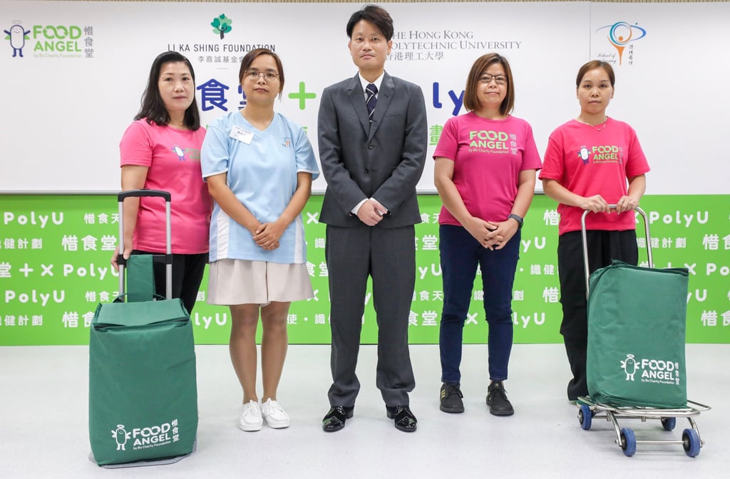 (From left) Po Mui from Food Angel, Chan Wing-yee from PolyU’s school of nursing, assistant professor Arkers Wong, Wong Mei-Yee and Chor Ying, both from Food Angel, at the launch ceremony. Photo: Xiaomei Chen