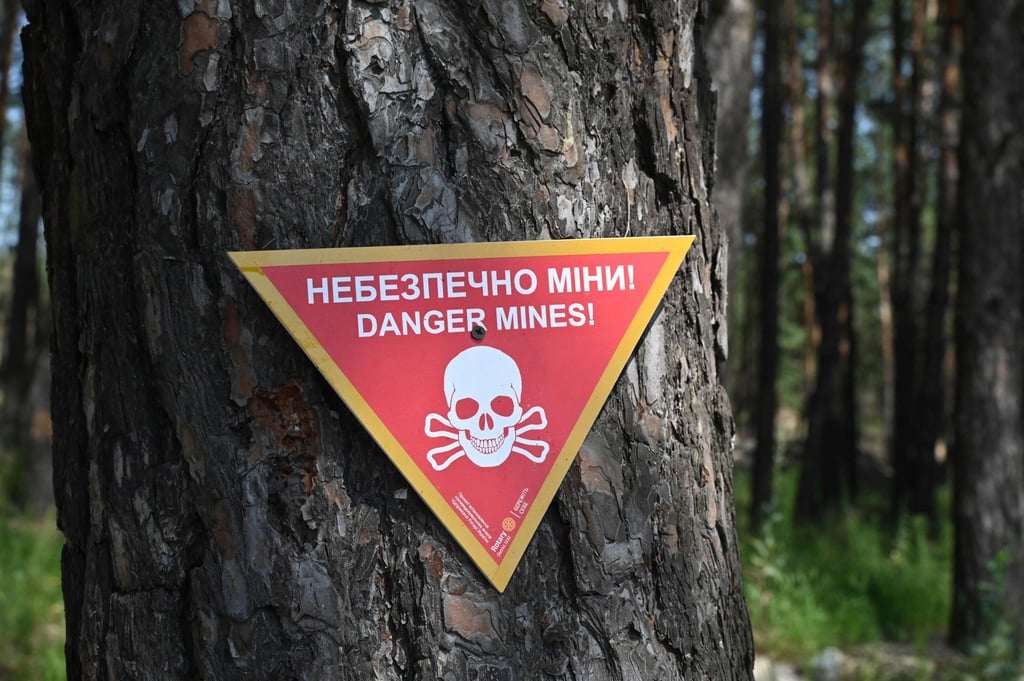 A warning about mines is nailed to a tree in the forest outside Izyum in Ukraine’s Kharkiv region. Photo: AFP