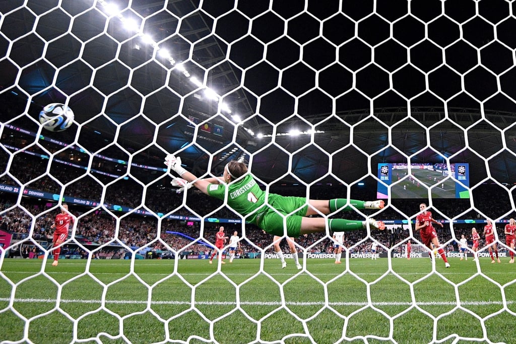 Goalkeeper Lene Christensen dives but can’t stop a Lauren James strike from going in. Photo: EPA-EFE Goalkeeper Lene Christensen dives but can’t stop a Lauren James strike from going in. Photo: EPA-EFE