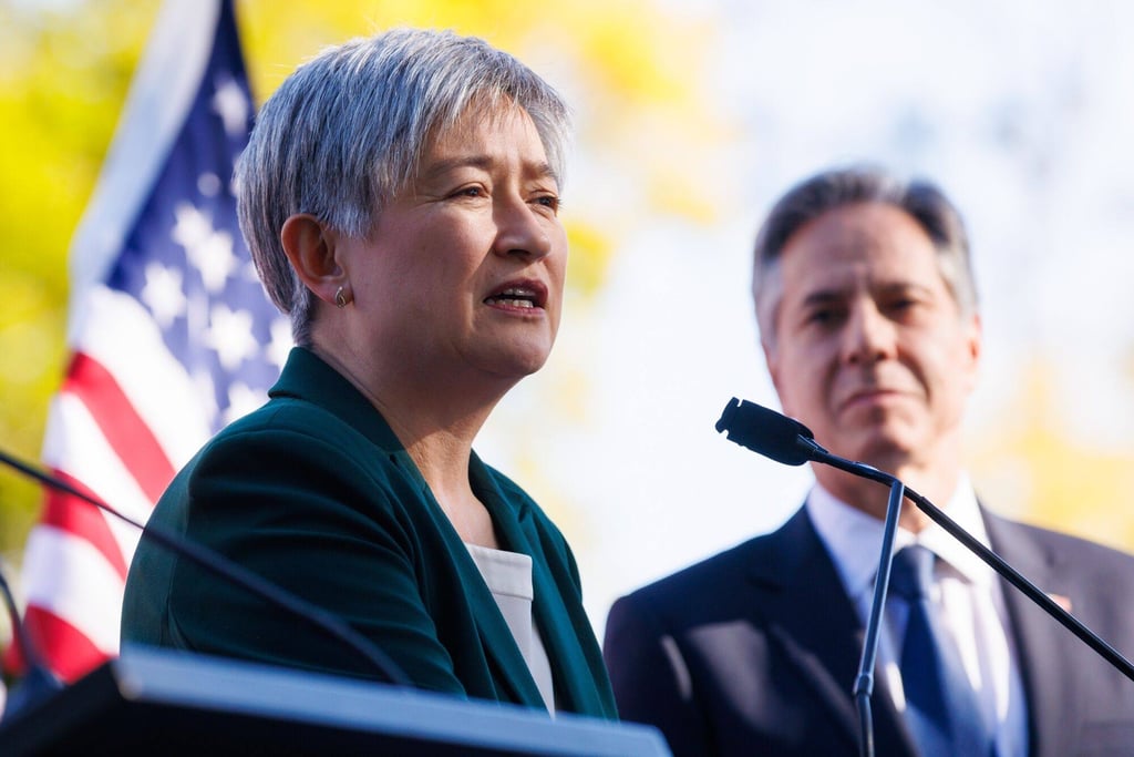 Antony Blinken, US secretary of state, looks on as Penny Wong, Australia’s foreign affairs minister, speaks. Photo: Bloomberg