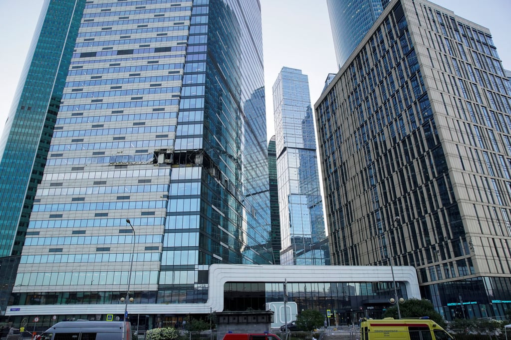 The damaged facade of an office building in the Moscow City business district on Sunday. Photo: Reuters