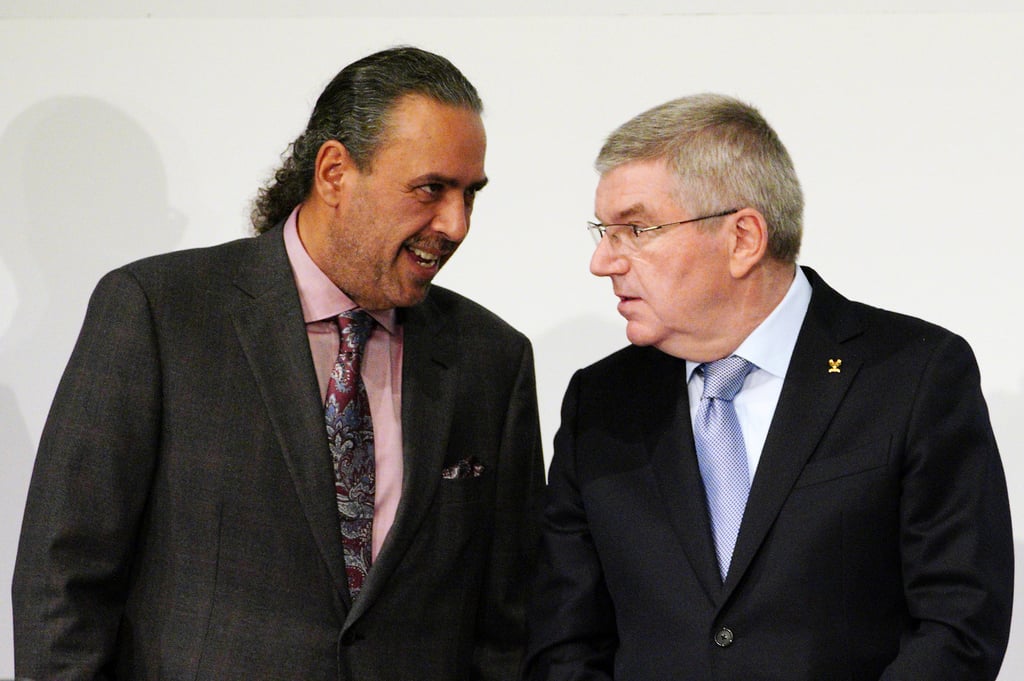 Sheikh Ahmad Al-Fahad Al-Sabah (left) speaks to IOC President Thomas Bach prior to the ANOC general assembly in Tokyo in 2018. Photo: AP