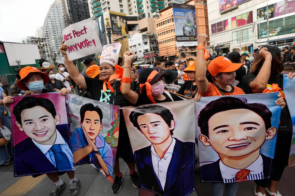 Supporters of the Move Forward Party hold a portrait of party leader Pita Limjaroenrat during a protest in Bangkok on July 29, 2023. Photo: AP Photo