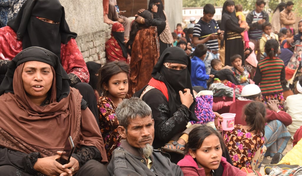 Rohingya Muslims from Myanmar outside a mosque in Jammu, the winter capital of Kashmir, India in March 2021. Many Hindu groups have demanded the expulsion of Rohingyas from India. Photo: EPA-EFE Rohingya Muslims from Myanmar outside a mosque in Jammu, the winter capital of Kashmir, India in March 2021. Many Hindu groups have demanded the expulsion of Rohingyas from India. Photo: EPA-EFE
