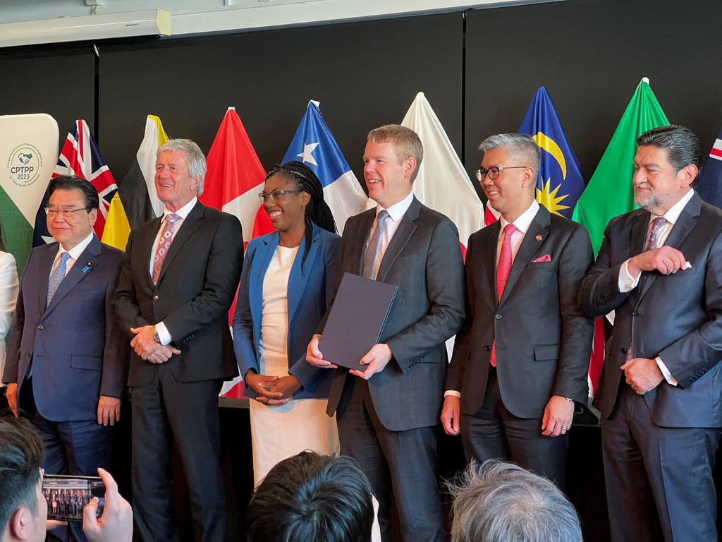 Officials from New Zealand, Japan, Britain and Malaysia attend Britain’s joining the Comprehensive and Progressive Agreement for Trans-Pacific Partnership (CPTPP) in Auckland on July 16. Photo: Reuters