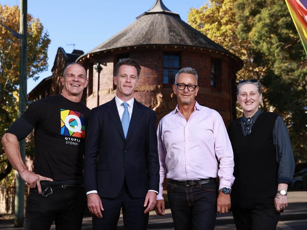 Qtopia CEO Greg Fisher (second right) with (from left) Qtopia board member Ian Roberts, New South Wales premier Chris Minns, and Qtopia curator Dr Liz Bradshaw outside the old Darlinghurst Police Station. Photo: Qtopia Sydney