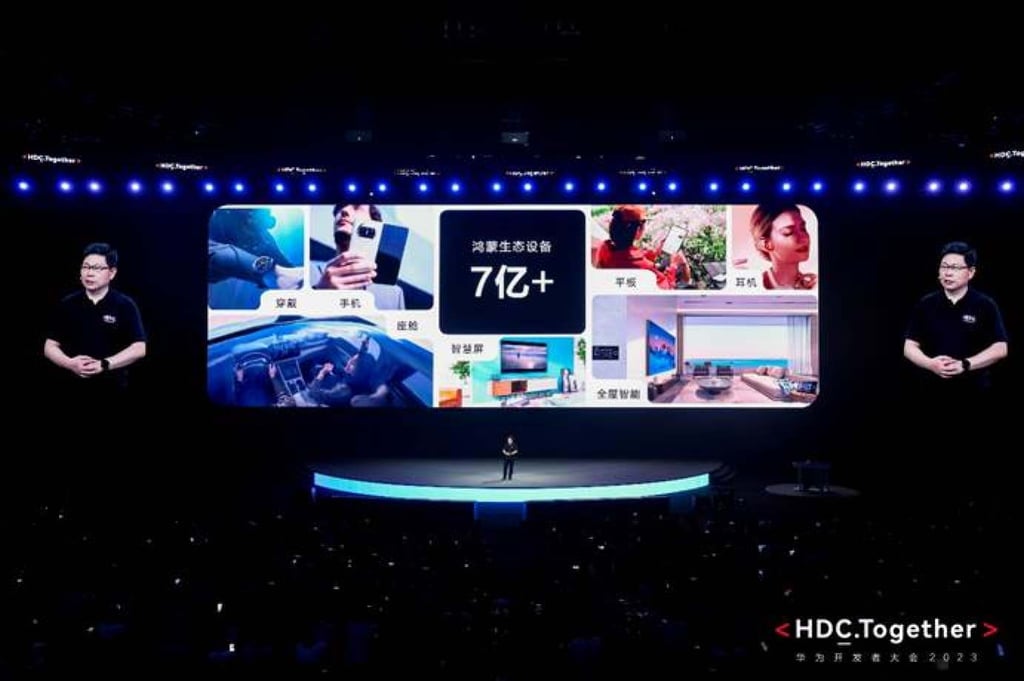 Richard Yu Chengdong, chief executive of Huawei Technologies’ consumer business group and its Intelligent Automotive Solution business unit, presents the firm’s upgraded operating system, HarmonyOS 4, at its annual developer conference in Dongguan on August 4, 2023. Photo: Handout Richard Yu Chengdong, chief executive of Huawei Technologies’ consumer business group and its Intelligent Automotive Solution business unit, presents the firm’s upgraded operating system, HarmonyOS 4, at its annual developer conference in Dongguan on August 4, 2023. Photo: Handout