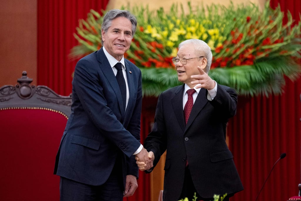 US Secretary of State Antony Blinken (left) meets Vietnam’s Communist Party General Secretary Nguyen Phu Trong in Hanoi in April. Photo: AFP US Secretary of State Antony Blinken (left) meets Vietnam’s Communist Party General Secretary Nguyen Phu Trong in Hanoi in April. Photo: AFP