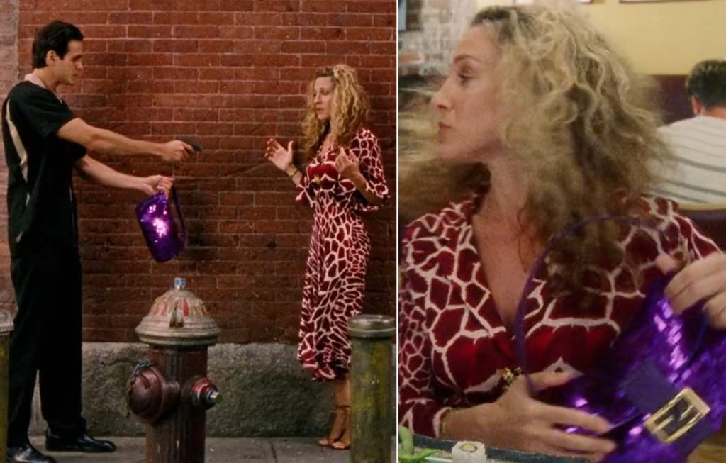 Sarah Jessica Parker as Carrie Bradshaw in Sex and the City with the purple sequinned Fendi Baguette. Photos: Warner Sarah Jessica Parker as Carrie Bradshaw in Sex and the City with the purple sequinned Fendi Baguette. Photos: Warner