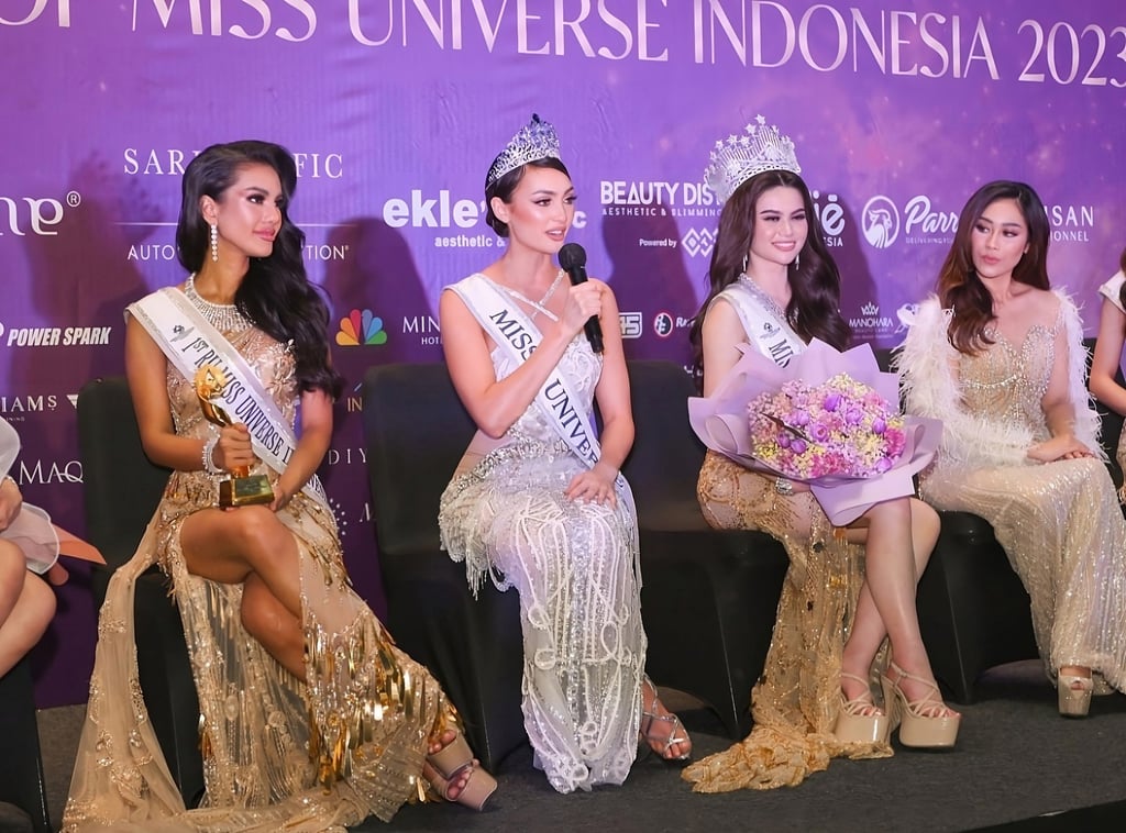 Contestants at the Miss Universe Indonesia 2023 beauty pageant take part in a press conference earlier this month after the winner had been crowned. Photo: Instagram/@missuniverse_id