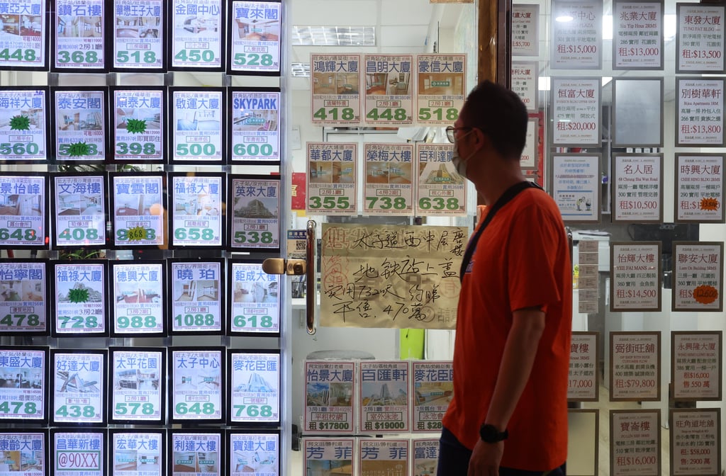 A man checks residential property advertisements displayed in Mong Kok on July 7, 2023. Photo: Edmond So A man checks residential property advertisements displayed in Mong Kok on July 7, 2023. Photo: Edmond So