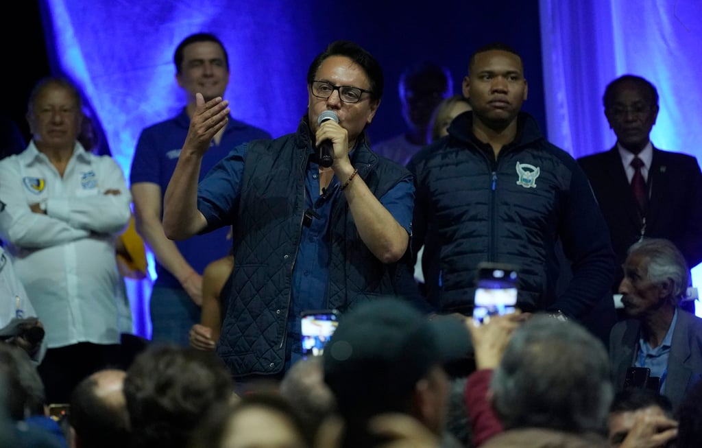 Presidential candidate Fernando Villavicencio speaks during a campaign event at a school minutes before he was shot to death. Photo: AP Presidential candidate Fernando Villavicencio speaks during a campaign event at a school minutes before he was shot to death. Photo: AP