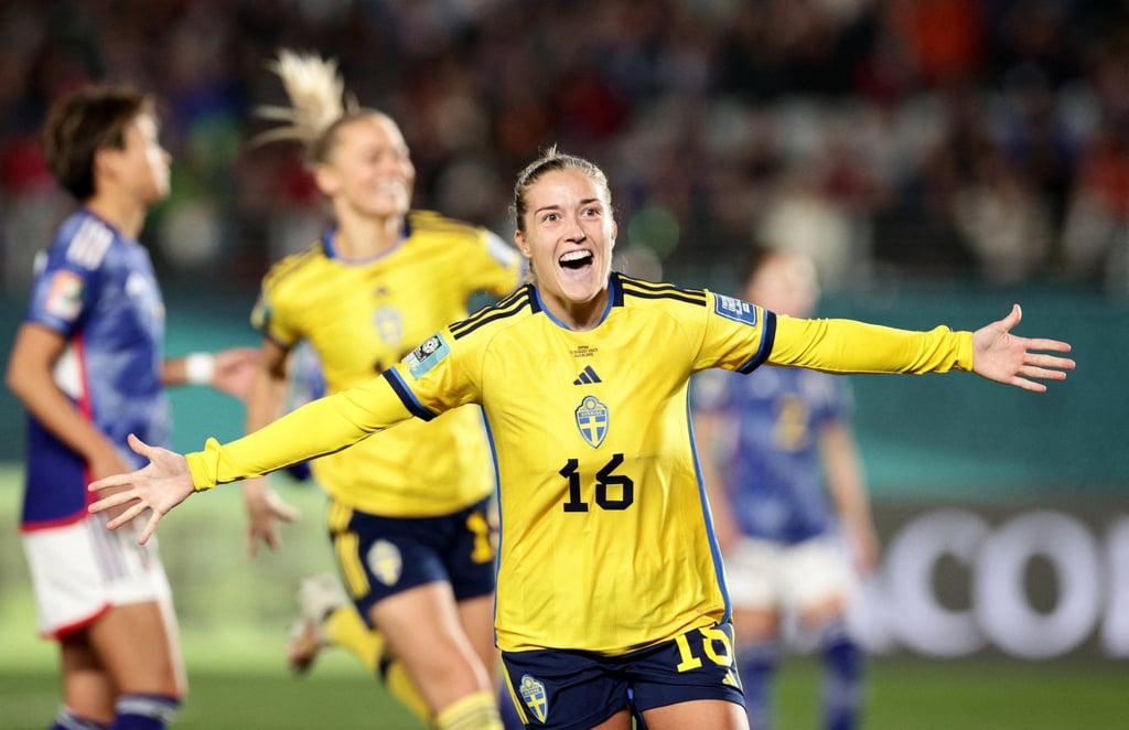 Sweden’s Filippa Angeldahl celebrates scoring another goal for her team, putting Sweden ahead 2-0. Photo: Reuters
