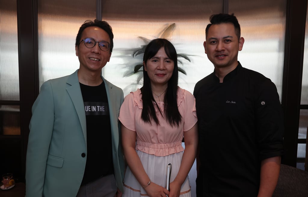 From left: Joey Lee, Dialogue In The Dark’s head of corporate business development and chief facilitator, Cicelia Chan, lead counsellor at Dialogue In The Dark, and pastry chef Leo Sum at CulinArt 1862 in Causeway Bay. Photo: Edmond So