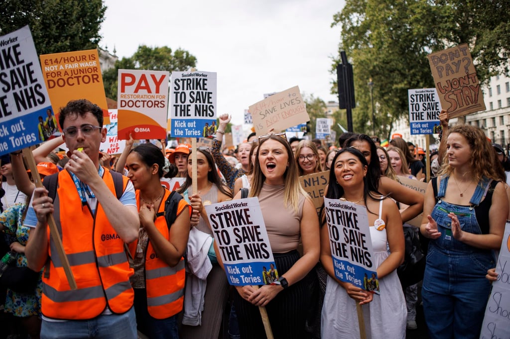 Junior doctors gather to protest outside Downing Street in London on Friday in support of a four-day strike as part of their industrial action over pay. Photo: EPA-EFE Junior doctors gather to protest outside Downing Street in London on Friday in support of a four-day strike as part of their industrial action over pay. Photo: EPA-EFE
