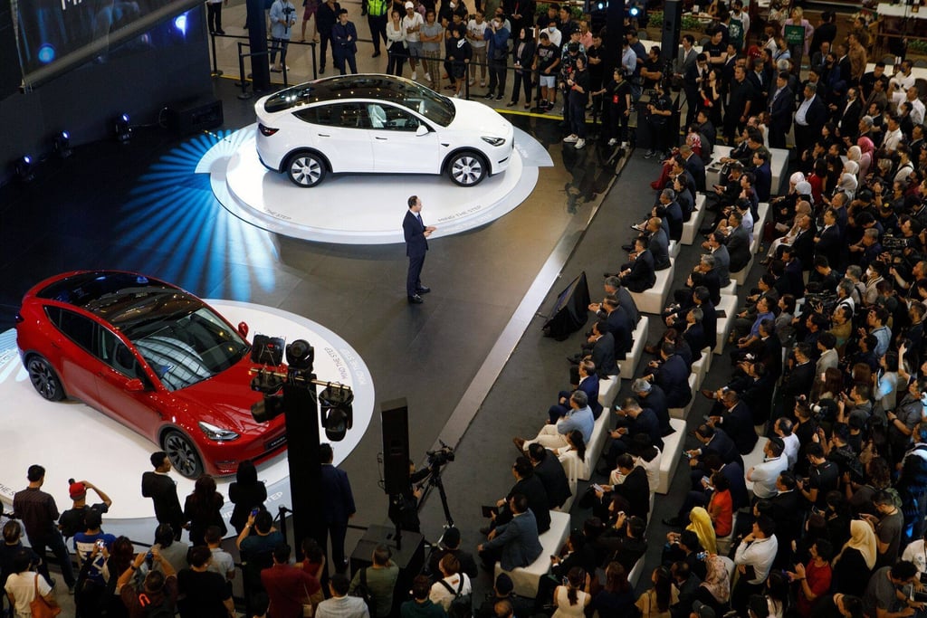 Malaysian Prime Minister Anwar Ibrahim speaks during the launch of Tesla’s Model Y SUVs in Kuala Lumpur, Malaysia, on July 20, 2023.Photo: Bloomberg