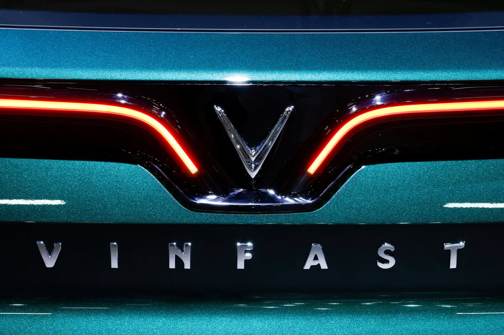 The logo of VinFast is seen on a car at the 2022 Paris Auto Show. Photo: Reuters The logo of VinFast is seen on a car at the 2022 Paris Auto Show. Photo: Reuters