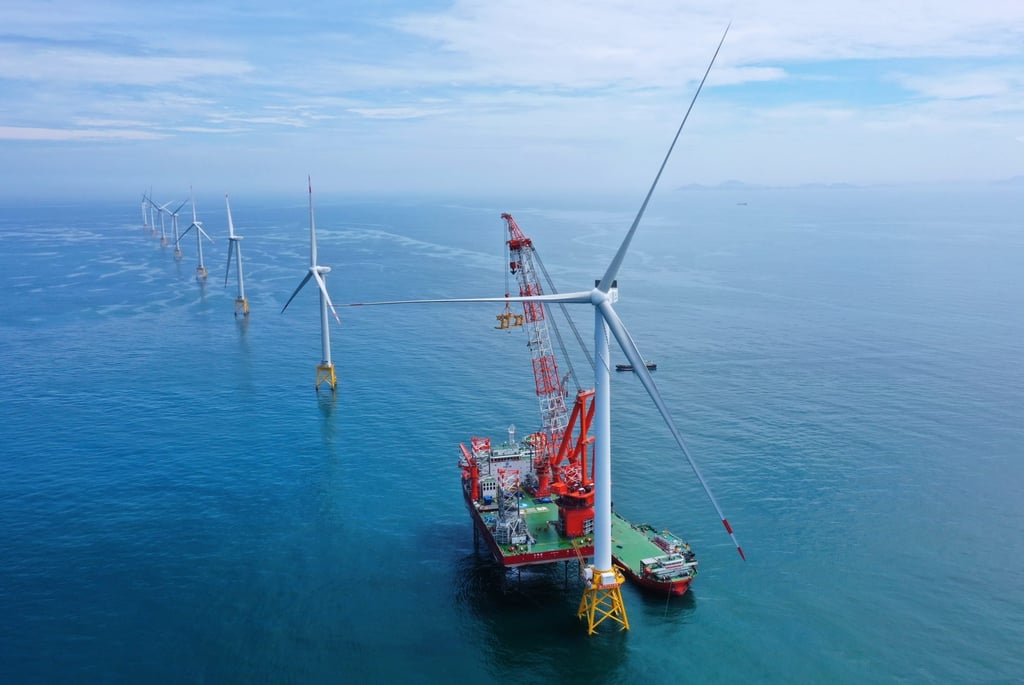 A 16-megawatt wind turbine is installed off the coast of southeast China’s Fujian province. Photo: Xinhua